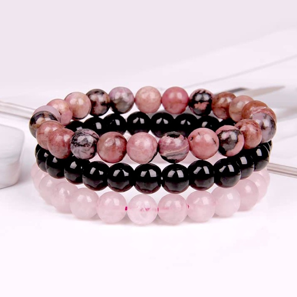 🆕New Loving Life Gemstone Bracelet Set -Rose Quartz, Rhodonite & Onyx - Picture 2 of 11